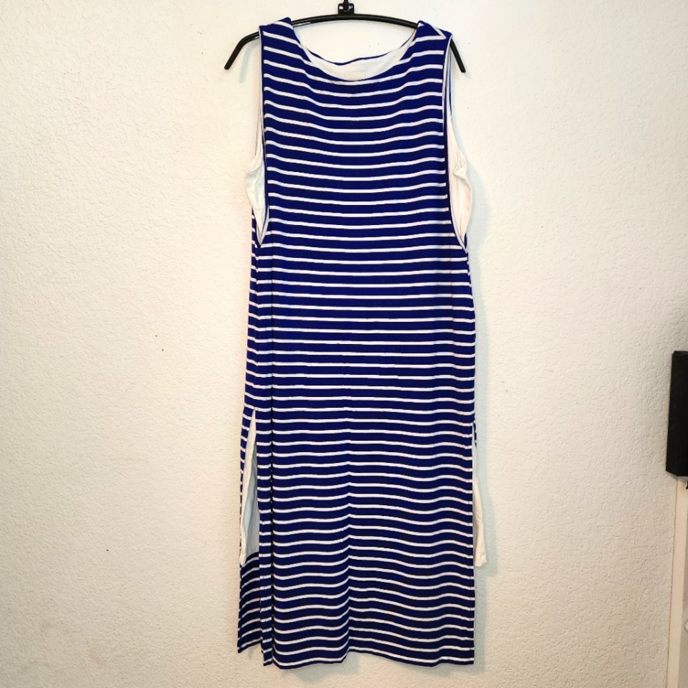 Chicos Blue and White Striped Double‎ Layer Sleeveless Dress, Size 2 (L)